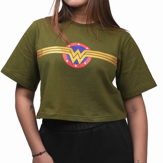 Person wearing a green t-shirt with Wonder Woman logo