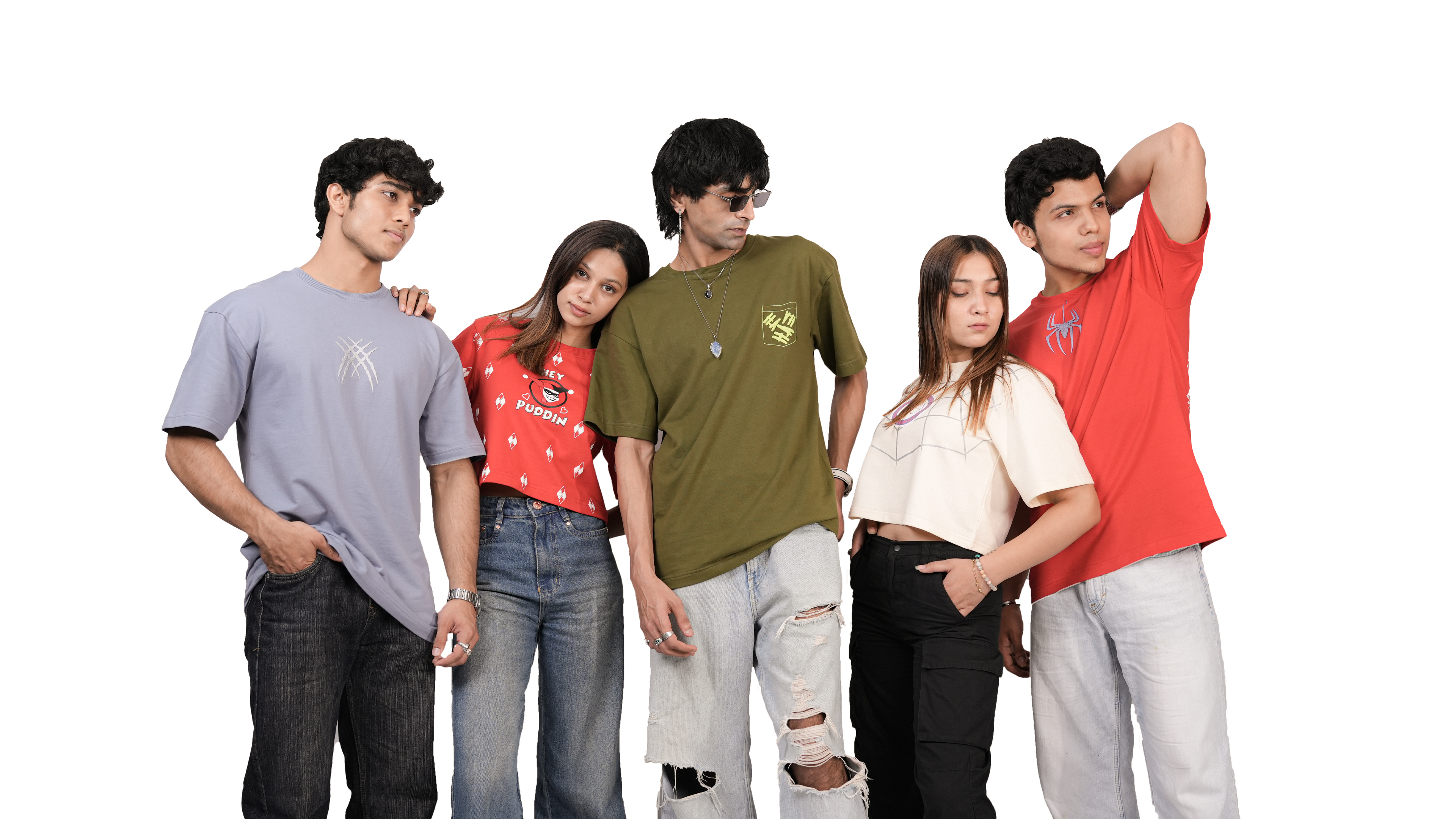 Five people wearing colorful t-shirts and jeans on a white background